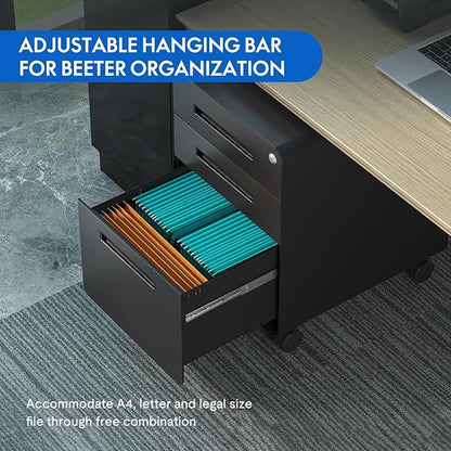 FLEXISPOT Metal File Cabinet for Home Office Mobile File Cabinet with Lock 3 Drawer Filing Cabinets for Legal/Letter/A4 File, Round Corner Design,Black