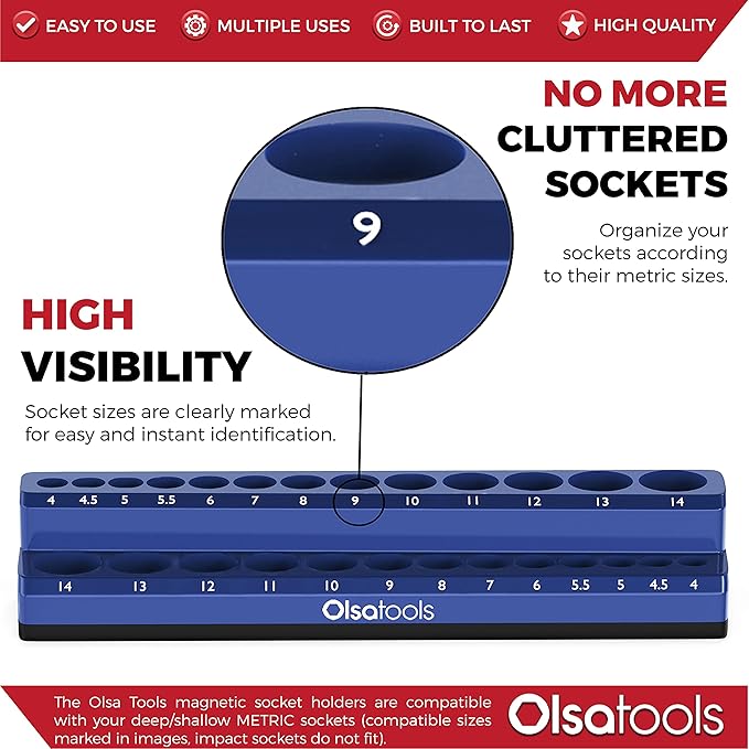 Olsa Tools Magnetic Socket Holder | 1/4-inch Drive | Metric | Blue | Holds 26 Sockets | Professional Quality Tools Organizer