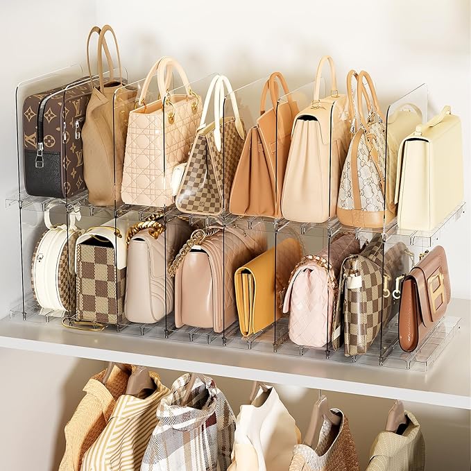 Bag & Purse Organizer for Closet Shelf Stackable Acrylic Shelf Dividers for Closet Organization, Clear Handbag Purse Storage Organizer Divider, Keep Clutch, Wallet, Pocketbook Upright, 4 Pack