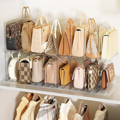 Bag & Purse Organizer for Closet Shelf Stackable Acrylic Shelf Dividers for Closet Organization, Clear Handbag Purse Storage Organizer Divider, Keep Clutch, Wallet, Pocketbook Upright, 4 Pack