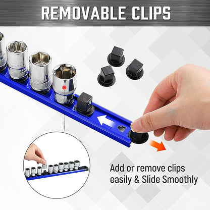 ALOANES 3-Piece Magnetic Socket Organizer, Heavy Duty Aluminum Socket Rails Organizer, 360° Swivel Clips Socket Holder Kit for Tool Box, 1/2, 3/8, 1/4-Inch Socket Holder x 40 Clips (Blue)