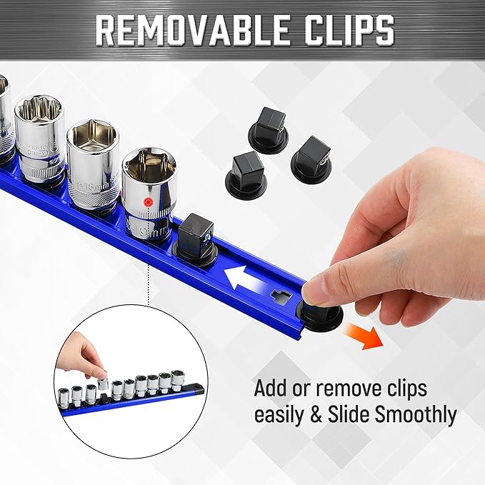 ALOANES 3-Piece Magnetic Socket Organizer, Heavy Duty Aluminum Socket Rails Organizer, 360° Swivel Clips Socket Holder Kit for Tool Box, 1/2-Inch Socket Holder x 36 Clips (Blue)