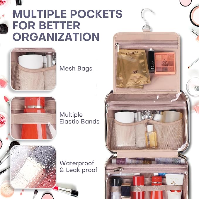 Hanging Toiletry Bag for Women Travel, 2 Sizes Large & Small Waterproof Cosmetic Organizer with 4 Compartments, Rotating Hook, Foldable Pink Travel Bag for Toiletries & Makeup - Large Grey