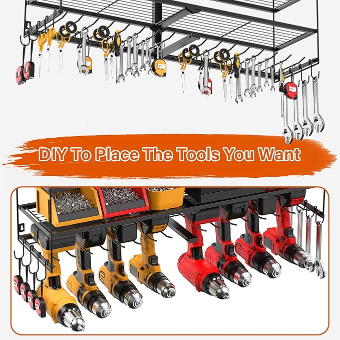 JUNNUJ Large Power Tool Organizer with 10 Outlet Power Strip, 4 Layer Wall Mount Drill Holder with Charging Station, 8 Drills Storage Shelf Shop Garage Utility Rack, Black