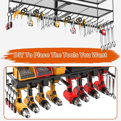 JUNNUJ Large Power Tool Organizer with 10 Outlet Power Strip, 4 Layer Wall Mount Drill Holder with Charging Station, 8 Drills Storage Shelf Shop Garage Utility Rack, Black