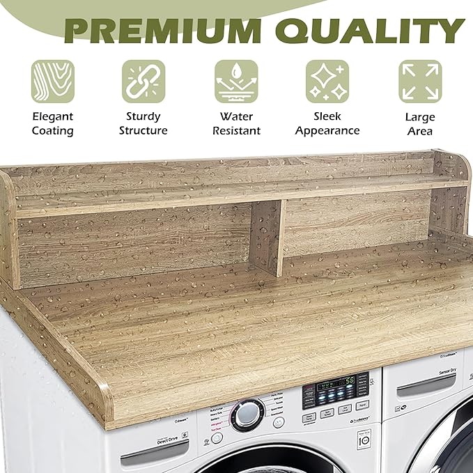 Royxen Laundry Countertop with Storage Universal Fit, Washer and Dryer Countertop with Shelf, Laundry Room Storage, 2-Tier Shelf, White Oak