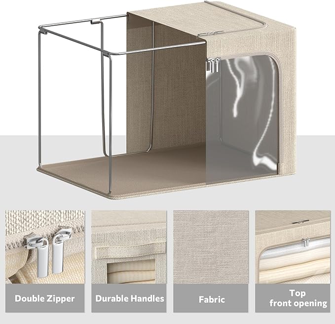 4 Pack Clothes Storage Bins with Metal Frame - Linen Fabric Foldable Stackable Container Organizer Set with Clear Window & Carry Handles & Zippers (Beige, 15.7"x11.8"x7.8")