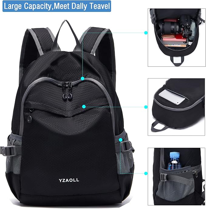 YZAOLL Small Lightweight Packable Hiking Backpack, 20L Hiking Backpack Day Pack for Women Men Travel Camping Vacation,Black