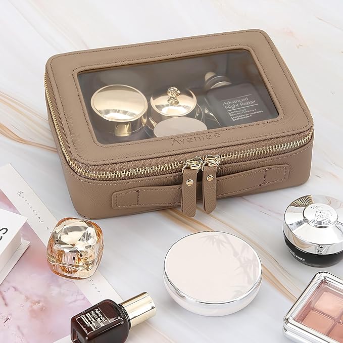 Aveniee Clear Makeup Bag Organizer, Travel Toiletry Bag Cosmetic Case for Women, Portable Make Up Skincare Pouch Car Organizer Bag with Zippers for Essentials,Taupe