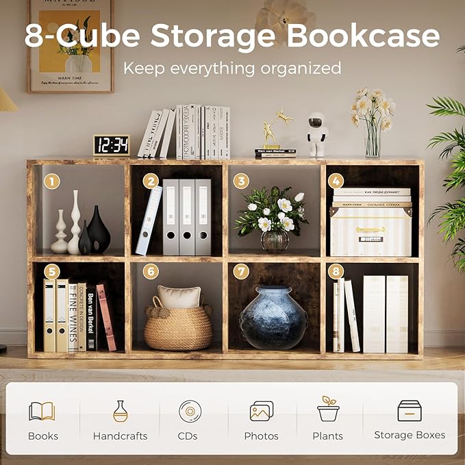 COMHOMA 8 Wood Cube Storage Organizer with Open Back and Removable Back Panels, 11In Brown Cube Storage Bookshelf, Cubicle Shelf Bookcase for Home Office Bedroom Living Room, Vertical or Horizontal