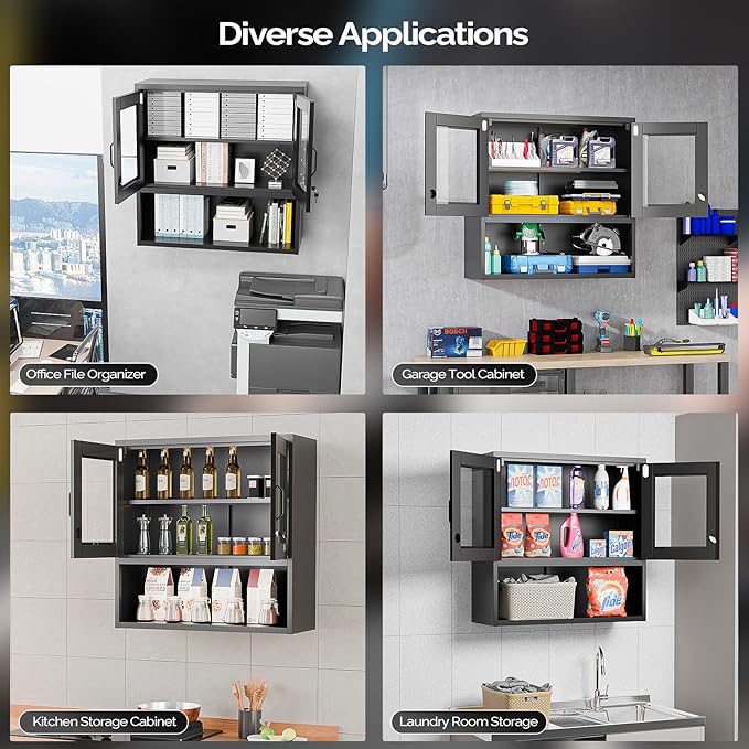 VINGLI Metal Wall Cabinet with Locking Glass Doors & Magnetic LED Sensor Light, Adjustable Shelf, Wall Mounted Storage Display Cabinets for Garage, Kitchen, Home Office, Warehouse, Living Room, Black