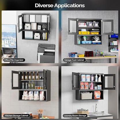 VINGLI Metal Wall Cabinet with Locking Glass Doors & Magnetic LED Sensor Light, Adjustable Shelf, Wall Mounted Storage Display Cabinets for Garage, Kitchen, Home Office, Warehouse, Living Room, Black