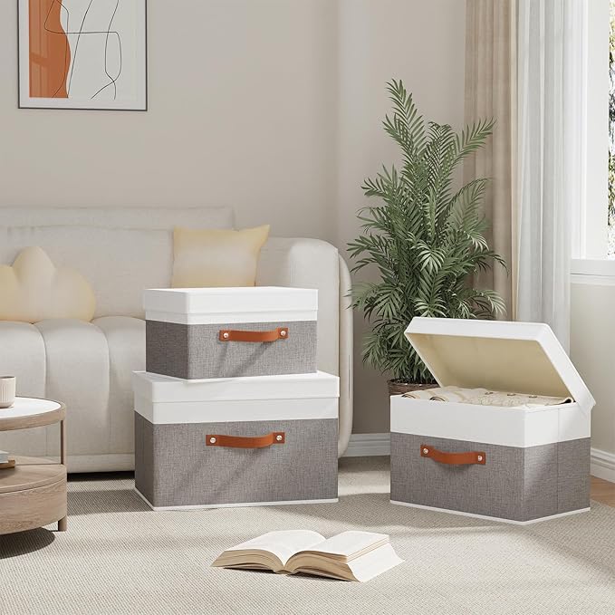 Fabric Storage Bins with Lids, 1 Pack Linen Foldable Cloth Baskets, 15 x 9.8 x 9.8 Inch Closet Organizer Containers with Double Handles, Sweater Boxes for Bedroom, White and Grey
