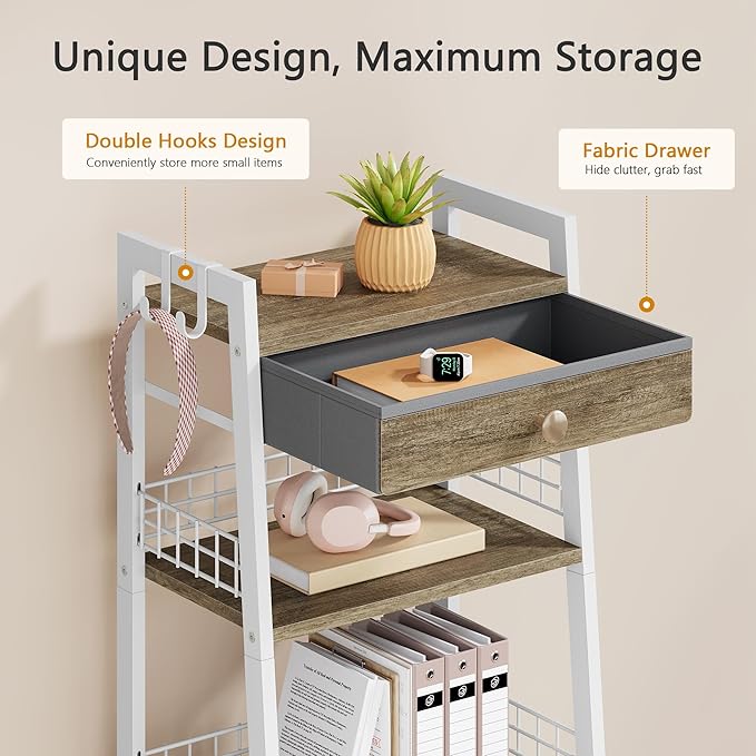 4-Tier Ladder Shelf with Drawer, Bathroom Stand Floor Storage Shelf, Freestanding Tower Table Ladder-White.