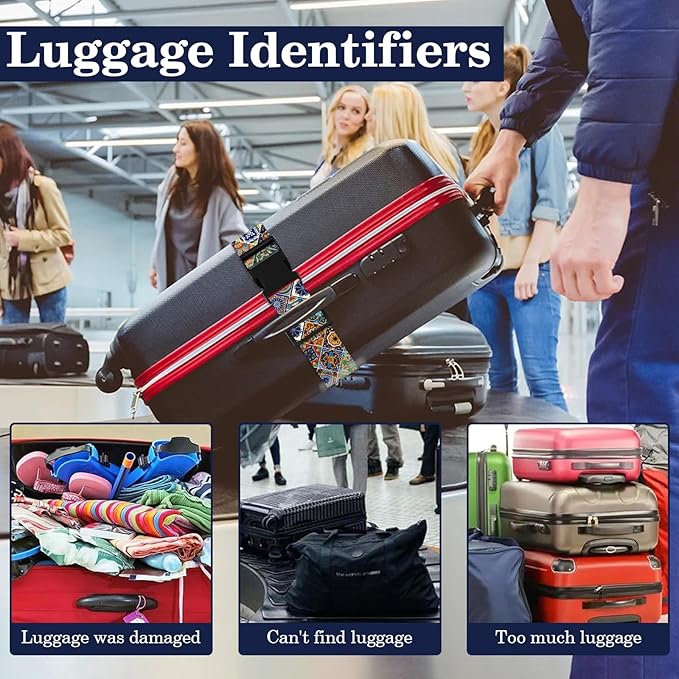 Boho Luggage Straps for Suitcases TSA Approved, Luggage Identifiers for Suitcase, Adjustable Suitcase Strap for Baggage Security with Cute Patten, Travel Necessary Accessories (2Pack)