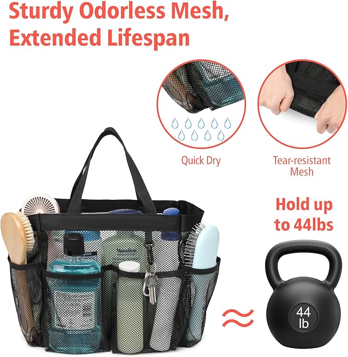 F-color Mesh Shower Caddy Portable - 2 Handles Upgrade Deeper 7 Pockets Basket Bag Tote for College Dorm Room Toiletry Bathroom Essentials Gym Camp Quick Dry with S Hook, 2 Pack, Black & Blue
