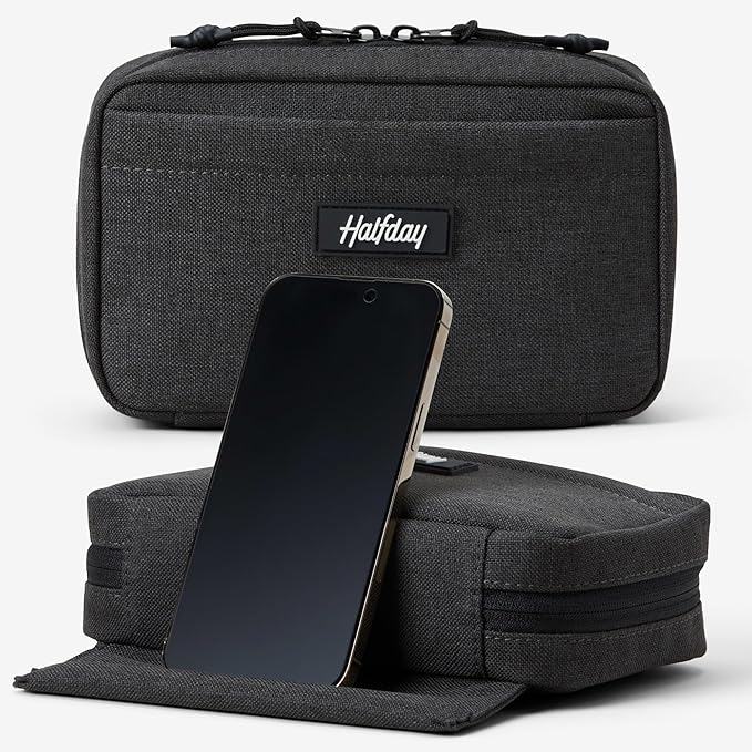 Halfday Sidekick Tech Organizer Kit | Flip-Out Kickstand for Phone/Tablet, Zip-Flat Pouch with Power Mesh & Elastic for Cable & Charger (Splash-Resistant Travel Electronics Accessories Case), Shadow