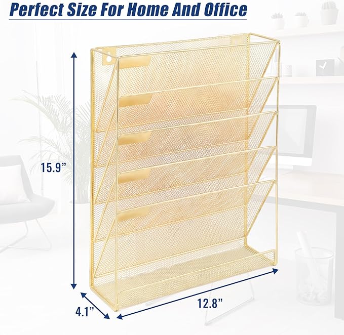 EASEPRES Desk File Organizer Mesh 6-Tier, Hanging Wall Mount Document Organization Stand, Desktop Vertical Mail Paper Folder Holder Rack with Bottom Tray for Office Home Cubicle Countertop, Gold