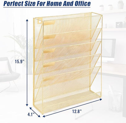 EASEPRES Desk File Organizer Mesh 6-Tier, Hanging Wall Mount Document Organization Stand, Desktop Vertical Mail Paper Folder Holder Rack with Bottom Tray for Office Home Cubicle Countertop, Gold