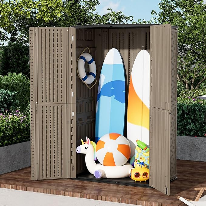 ZZM Large 67 Cu.ft Waterproof Storage Shed, Outdoor Storage Cabinet，Durable Resin Storage for Patio Furniture, Garden Tools, Pool Accessories, Mower Storage (Coffee)