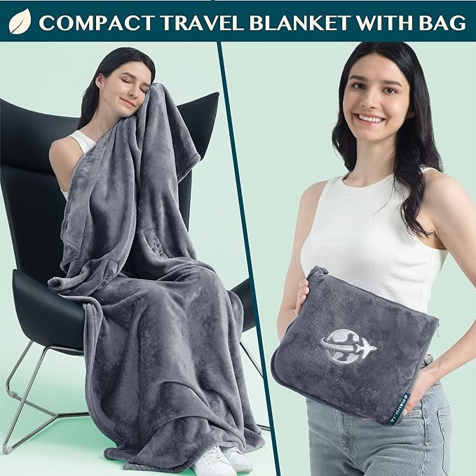 PAVILIA Travel Blanket and Pillow, Arms Opening Airplane Blankets for Adults, Compact Plane Blanket with Arm Hole 2-in-1 Bag for Flight Car Camping Fit in Luggage Backpack Traveler Gift, Dark Gray