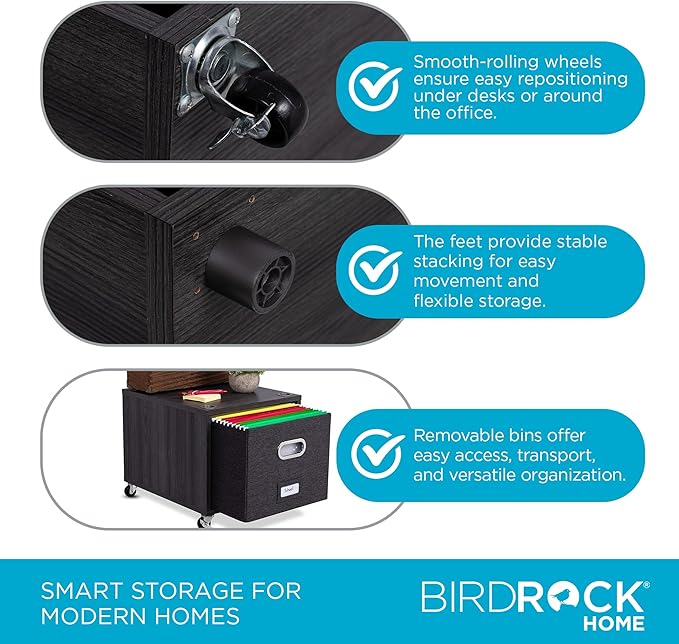 BIRDROCK HOME Rolling File Cabinet – Decorative Storage Shelf w/Removable Bins, Handles, and Wheels – Organize Files, Books, Toys, Under Desk Office Solution, Modern Design - 2 Lateral Drawers, Gray