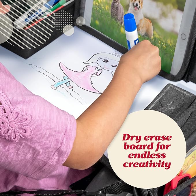 Lusso Gear Car Seat Travel Tray for Toddlers - Pink Unicorn, 600D Oxford Cloth - Dry Erase Activity Table & Tablet Holder - Airplane Tray Table Cover for Kids & Road Trip Essential