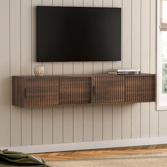 Large Floating TV Stands Set of 2, Modern Fluted Nightstands Wall Mounted Bedside Table Storage Cabinet with Sliding Doors for Living Room, Bedroom, Brown