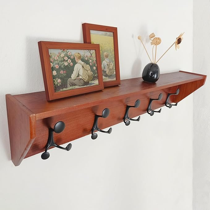 SKOLOO Wall Shelf with Hooks, 35-Inch Cherry Coat Rack Wall Mount with Shelf Organizer - Lightweight & Sturdy, 5 Tri Hooks - Perfect for Entryway, Hallway, Living Room, Bedroom, Mudroom