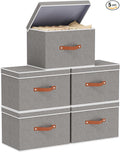 Collapsible Storage Bins with Lids, Linen Foldable Cloth Baskets, 17.7 x 11.8 x 11.8 Inch Closet Organizer Containers with Double Handles, Sweater Boxes for Bedroom, Grey, 5 Pack