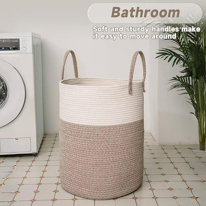 Large Woven Laundry Basket Hamper,100L Cotton Rope Storage Bin for Blankets,Toys and Clothes,Decorative Tall Nursery Hamper for Living Room,Baby Nursery,Bathroom and Bedroom,Brown