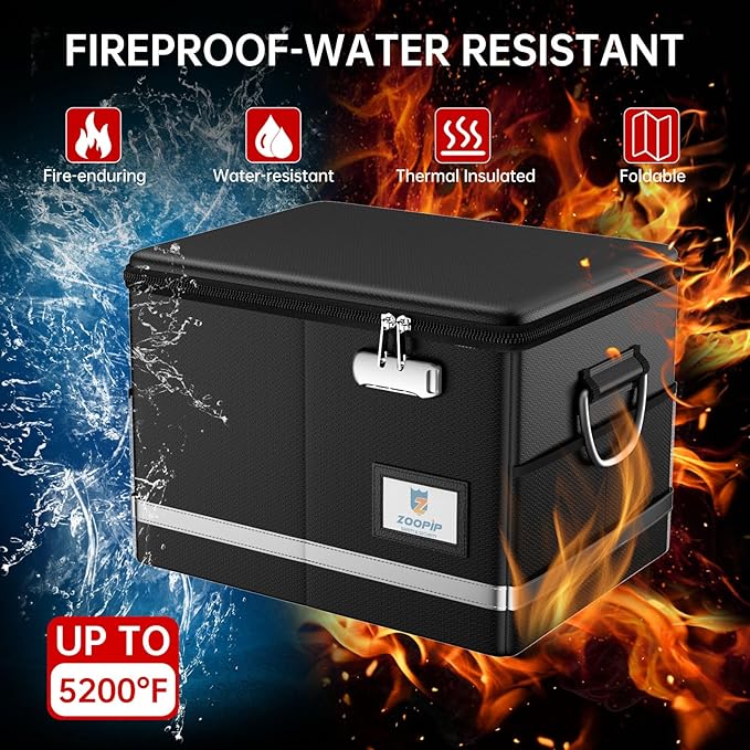 Fireproof Document Box,5200°F File Organizer Box with Lock,Foldable Filing Organizer Cabinet, Portable Safe Storage for Hanging Letter/Legal Folder,Black