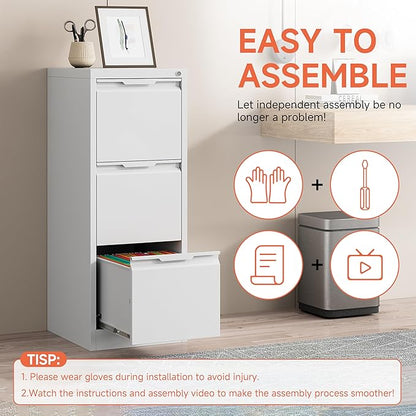 3 Drawer File Cabinet with Lock,Vertical Filing Cabinets for Home Office,Heavy Duty Metal File Cabinet for Hanging A4/Letter/Legal Size File,Vertical File Cabinet 15" W X 17.8" D X 38.3" H-White