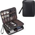 LANNSYNE Full Grain Leather Travel Cable Accessories Bag, Electronic Organizer Carry Case Double Layer Storage Case for Cables, Charger, Phone, Power Bank