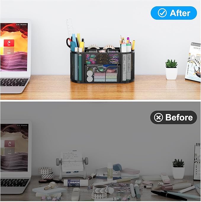 EasyPAG Mesh Pen Holder Desk Organizer with Drawer Stationery Supplies Organizer for Dorm School 9 Compartments Workspace Desk Accessories Organization for Office, Black