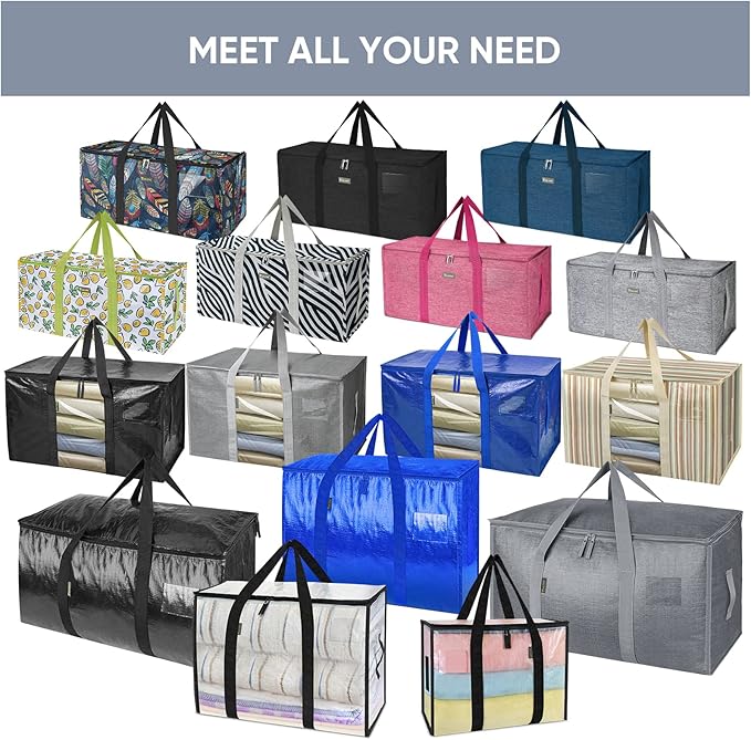 BALEINE 6-Pack Oversized Moving Bags with Reinforced Handles, Heavy-Duty Storage Tote for Clothes, Moving Supplies (Grey with Window, 6 Pack)