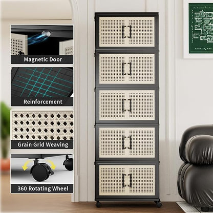 Stackable Storage Bins with Lids,Collapsible Plastic Storage Box Closet Organizers and Storage with Wheels and Magnetic Door for Home Office Dorm (5 Pack)