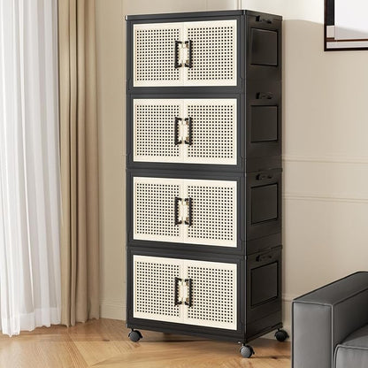 Stackable Storage Bins with Lids,Collapsible Plastic Storage Box Closet Organizers and Storage with Wheels and Magnetic Door for Home Office Dorm (4 Pack)