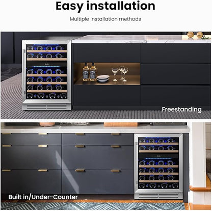 Yeego Wine Fridge Cooler - 24 Inch Dual Zone Wine Fridge Hold 47 Bottles, 40-65°F Wine Refrigerator Glass Door, Built in, Freestanding Under Counter Fridge for Beer Soda Drink Home Bar Office