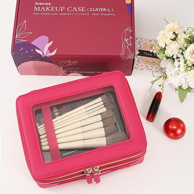 Aveniee XL Clear Makeup Organizer,Double Layer Travel Cosmetic Case with Brush Holder & Zippered Compartments,Big Toiletry Bag for Travel Accessories,2 Layers Large,Hotpink