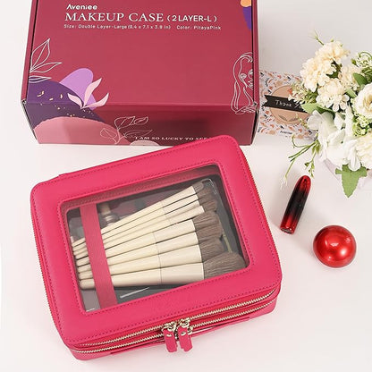 Aveniee XL Clear Makeup Organizer,Double Layer Travel Cosmetic Case with Brush Holder & Zippered Compartments,Big Toiletry Bag for Travel Accessories,2 Layers Large,Hotpink