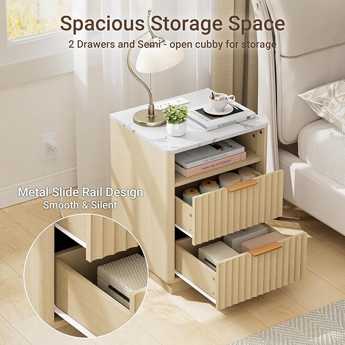 Fluted Night Stand Set 2 with Charging Station, 18" Mid-Century Modern Nightstand with Faux Marble Top, 2 Drawers End Table with Storage for Bedroom Living Room, Curved Profile, Natural Oak