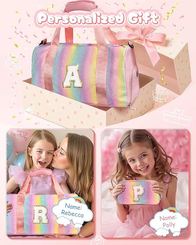 Birthday Gift for Daughter-Girl Gym Bag with Shoe Compartment, Kid Weekender Dance Bags, Initial Travel Tote with Makeup Pouch, Gifts for 5 6 7 8 9 10 11 12 Year Old Girls (Letter A)