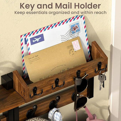 29'' Rustic Coat Rack Wall Mount with Shelf and Key Hooks, Solid Wood Key Holder Wall Mount, Farmhouse Wall Organizer for Mail, Entryway Wall Hangers for Hats, Clothes, Backpacks, Dog Leashes, Mudroom