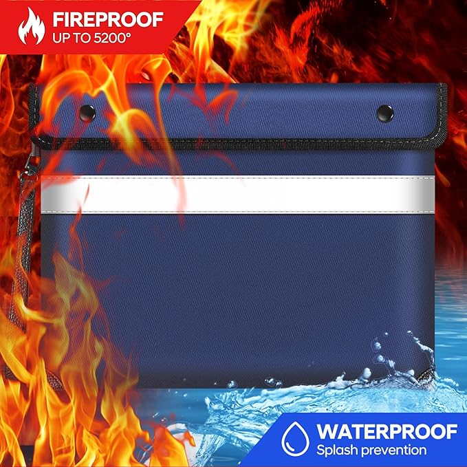 Fireproof Money Bag for Cash 11"x7.7",Upgraded 5200℉ Insulated Water Fire Proof Pouch with Water-resistant Zipper,Fireproof Envelopes for Important Documents,Valuables (Blue)
