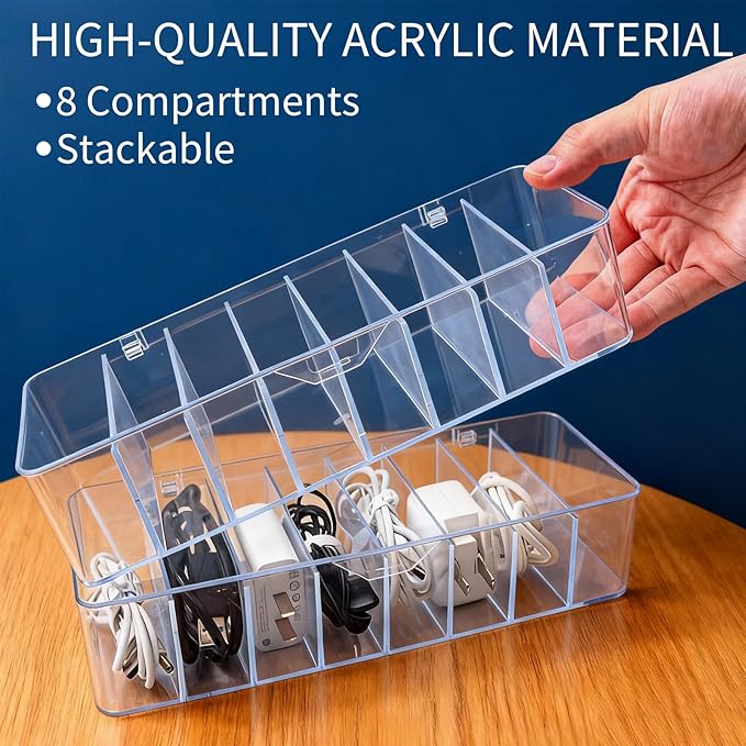 Cheardia 4 Pack Cable Storage Organizer, 10 In Plastic Cord Storage Box with 30 Wire Ties, Clear Charger Organizer with Lid for Office Home Desk Accessories