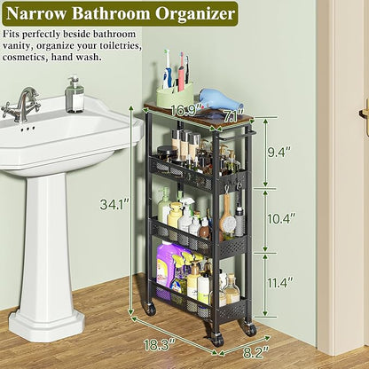 Utility Slim Storage Cart, 4 Tier Small Rolling Kitchen Laundry Room Cart with Wood Top, Metal Narrow Bathroom Storage Cabinet Mobile Shelf Unit Organizer Trolley with Handle for Narrow Space