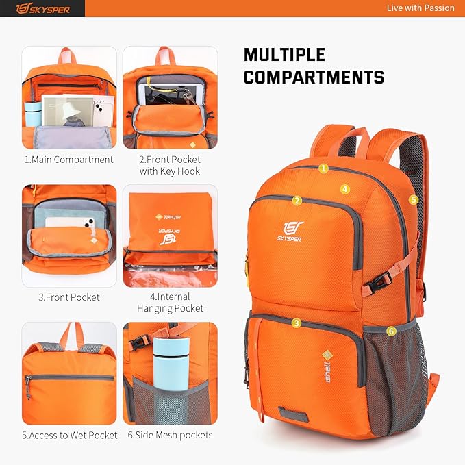 SKYSPER Lightweight Packable Backpack - 30L Hiking Daypack with Wet Pocket Foldable Travel Carry-on Backpack for Women Men