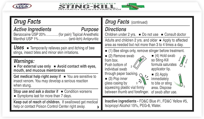 Sting-kill First Aid Anesthetic Swabs, Instant Pain + Itch Relief from Bee Stings and Bug Bites, 10-Count