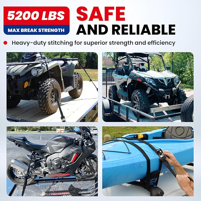 MOCA Heavy Duty Ratchet Tie Down Straps - 5200 Lbs Breaking Strength 1.6" x 8', Includes 4 Heavy Duty Ratchet Padded Handles & Coated Chromoly S Hooks & 4 Soft Loop Tie-Downs